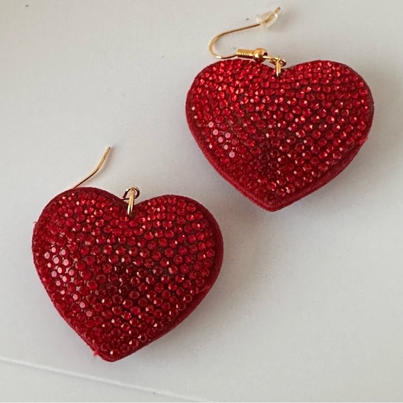 Red Rhinestone Heart Pillow Earrings | Gold Tone Statement Drop Earrings - Picture 7 of 13